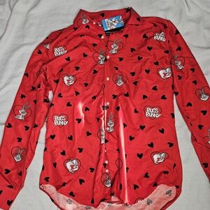 Bugs Bunny Looney Tunes Suitmeister Valentines Red Button Down Shirt Medium